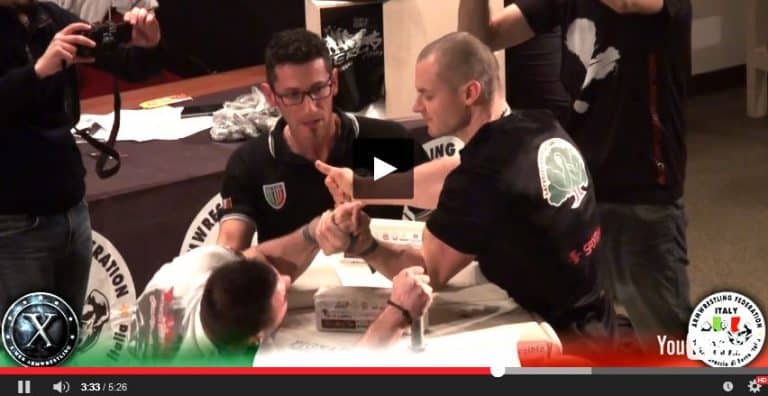 Viorel Dobrin vs. Janis Amolins - left hand - X-MEN ARMWRESTLING ITALY 2014 │ Capture by XSportNews from the video