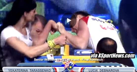 Yekaterina Tarassenko vs. Lucia Debnarova, WorldArm 2015, 37th World Armwrestling Championships 2015 (WAF) │ Capture by XSportNews from the video