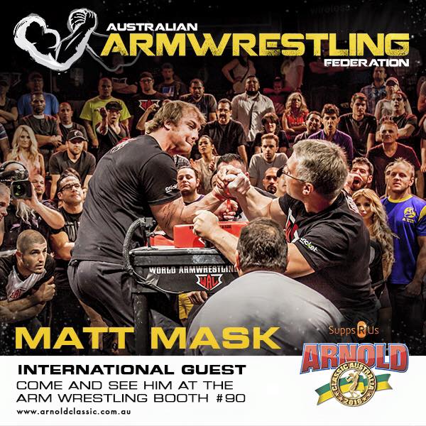 Matt Mask vs. John Brzenk - WAL, Poster for Arnold Classic Australia 2016, Australian Armwrestling Federation │ Image Source: Australian Armwrestling Federation