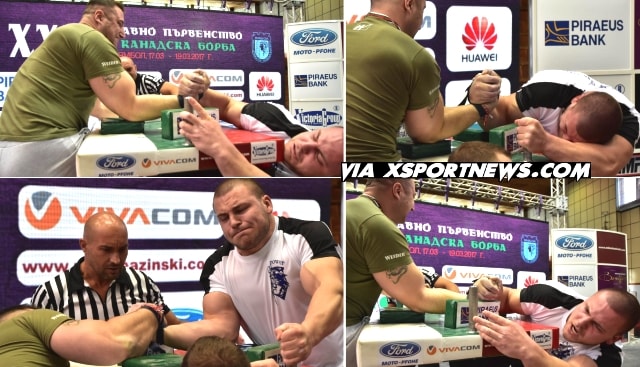 Krasimir Kostadinov vs. Sasho Andreev, 2017 Bulgarian National Armwrestling Championships │ Collage made by XSportNews using images from ARMFIGHT