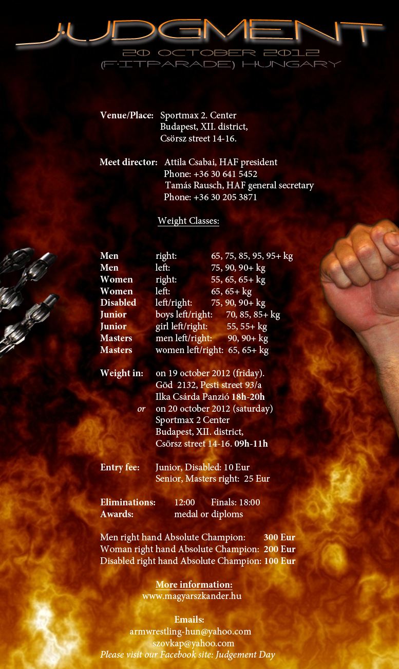 Judgment Day 2012 │October 20th - Budapest, Hungary │ Weight classes and details