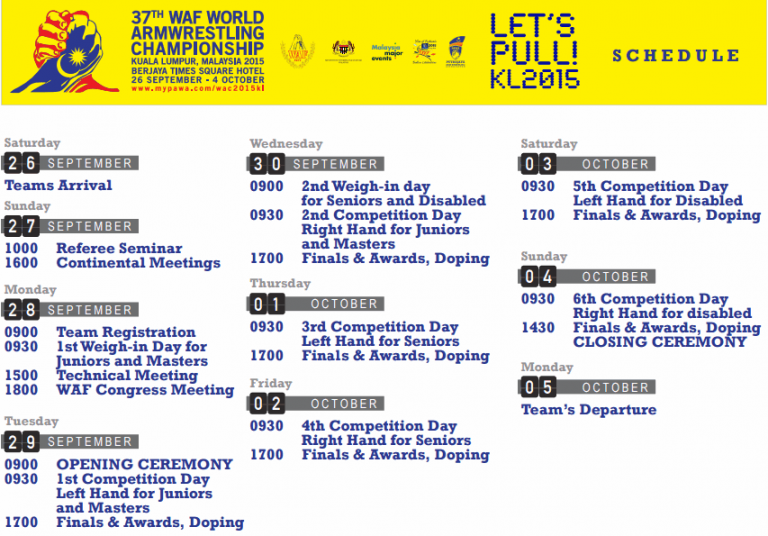 37th WAF World Armwrestling Championships 2015 - Schedule │ Image Source: mypawa.com 37th WAF World Armwrestling Championships 2015 - Schedule │ Image Source: mypawa.com