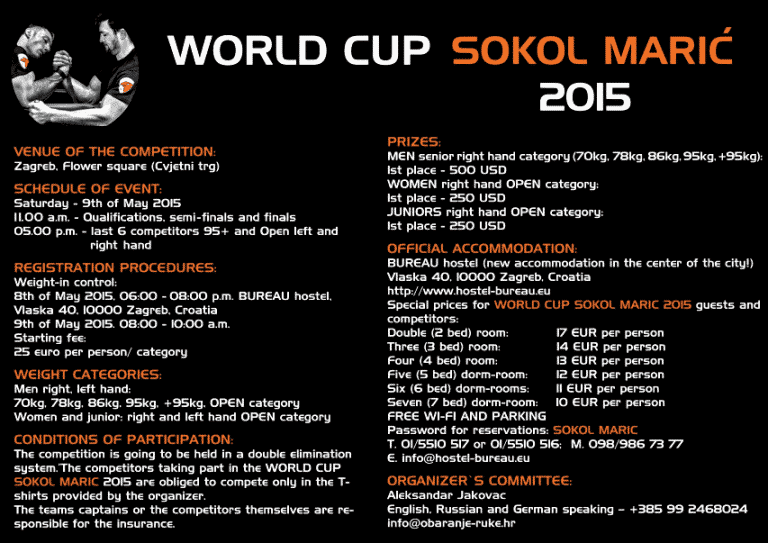 SOKOL MARIĆ 2015 - World Armwrestling Cup: Schedule of Event, Weight Categories, Prizes, Info