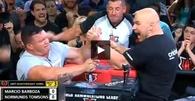Marcio Barboza vs. Normunds Tomsons, 2015 WAL – World Armwrestling League, Left hand semifinal │ Capture by XSportNews from the video