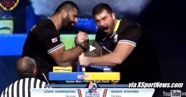 Levan Saginashvili vs. Genadi Kvikvinia, WorldArm 2015, 37th World Armwrestling Championships 2015 (WAF) │ Capture by XSportNews from the video