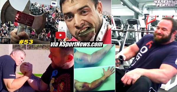 Dmitry Trubin, Winner of 2016 Arnold Classic Armwrestling Challenge (ACAC), John Brzenk, Andrey Sharkoff, Marcio Barboza left arm injury, Dave Chaffee │ Collage by XSportNews using images from the video