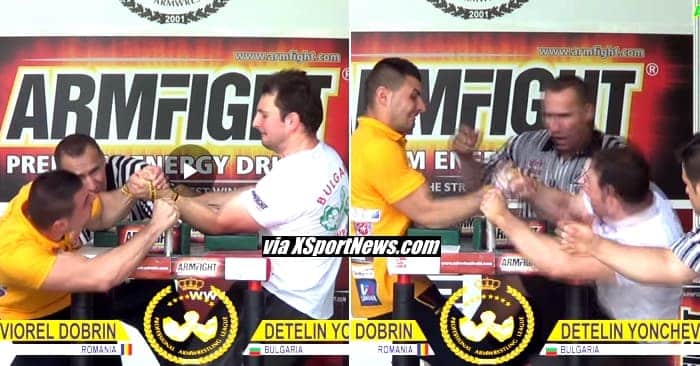 Viorel Dobrin vs. Detelin Yonchev, Balkan's Armwrestling League 2016 June, -86 kg │ Collage made by XsportNews using images from the videos