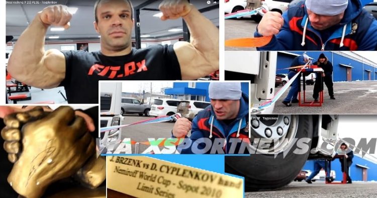 Denis Cyplenkov armwrestling a truck, Brzenk – Cyplenkov grip lifecast NEMIROFF WORLD CUP 2010 Trophy │ Collage made by XSportNews using images from the video