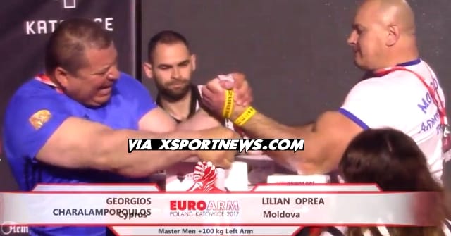 Giorgos Charalampopoulos, vs. Lilian Oprea, EuroArm 2017 - Master Men +100 kg Left Hand │ Capture by XSportNews from the video