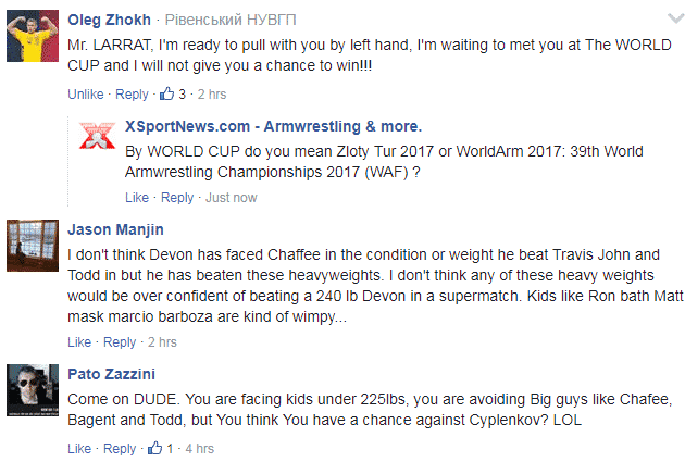 Oleg Zhokh comment from the article VIDEO: Devon Larratt wants to pull Denis Cyplenkov right hand 2017 │ This is a Capture but you can click on it if you want to be redirected to the original article where Oleg Zhokh left the comment