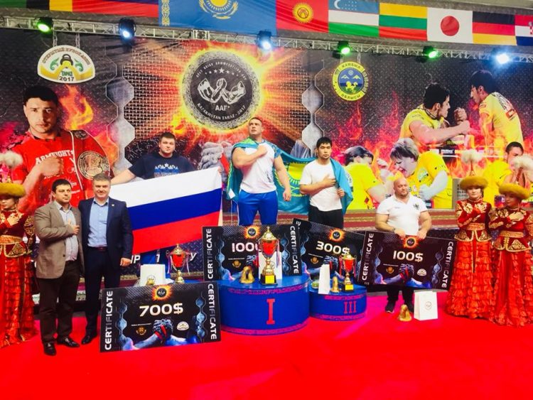 OPEN LEFT HAND PODIUM: 1. Dmitry Trubin, 2. Dmitry Silaev, 3. Medet Kuttymuratov, Asian Open Armwrestling Cup 2017 │ Photo Source: Aleksandar Jakovac