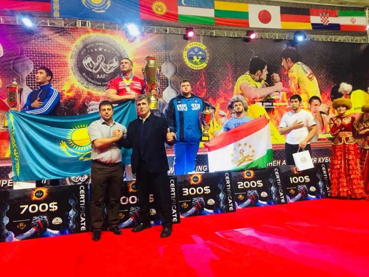 OPEN RIGHT HAND PODIUM: 1. Dmitry Trubin, 2. Kydyrgaly Ongarbaev, 3. Dmitry Silaev, Asian Open Armwrestling Cup 2017 │ Photo Source: Aleksandar Jakovac OPEN RIGHT HAND PODIUM: 1. Dmitry Trubin, 2. Kydyrgaly Ongarbaev, 3. Dmitry Silaev, Asian Open Armwrestling Cup 2017 │ Photo Source: Aleksandar Jakovac