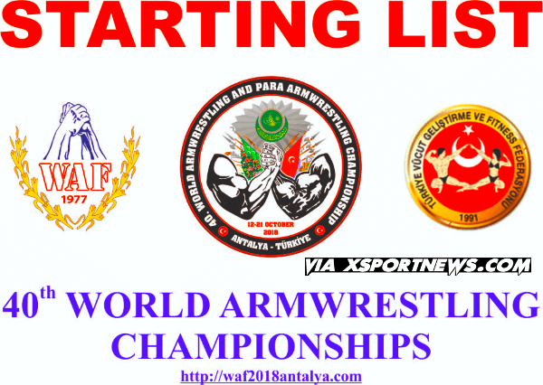 STARTING LISTS WORLDARM 2018, 40th World Armwrestling Championships 2018 (WAF)
