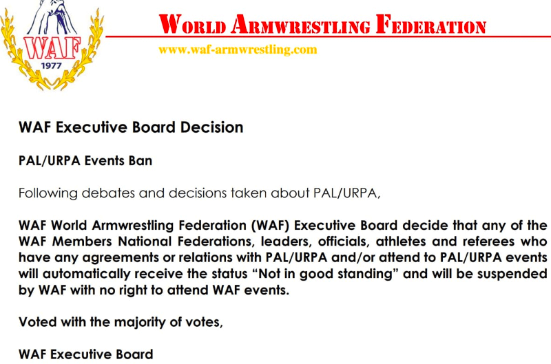WAF Executive Board Decision: PAL / URPA Events Ban │ Image Source: Indian Arm Wrestling Federation