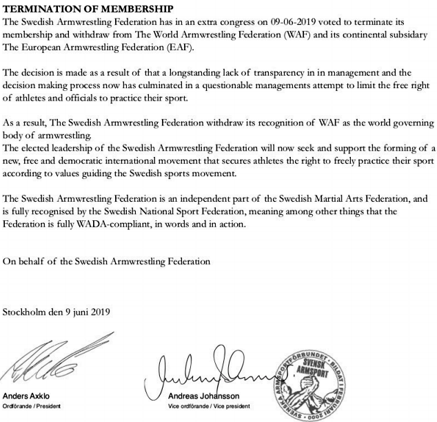 Swedish Armwrestling Federation withdraws from WAF and EAF